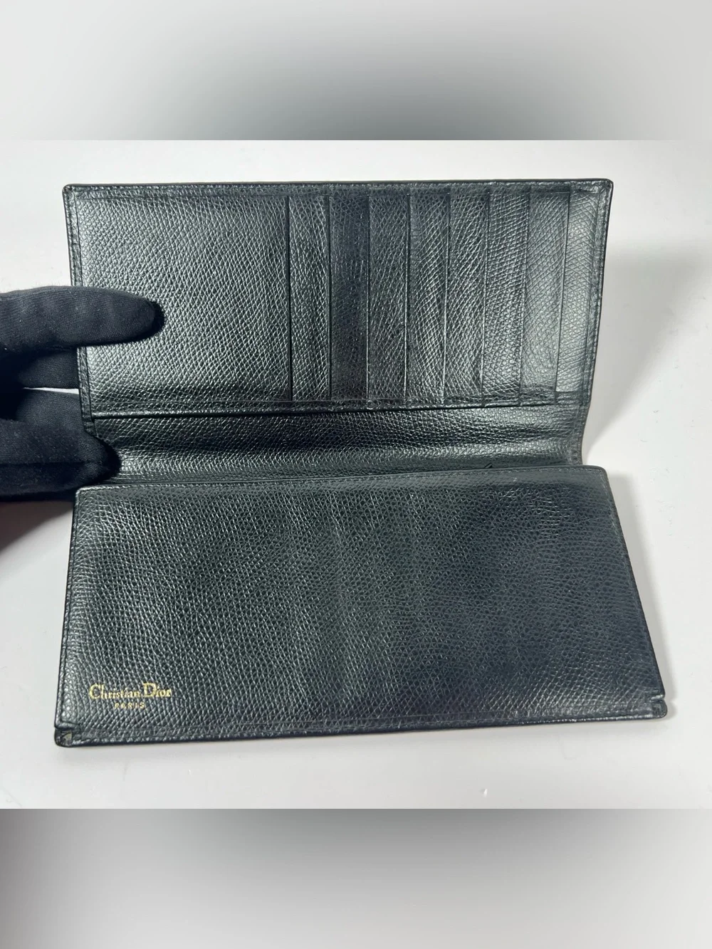 1200: Vintage Christian Dior CD Long Wallet Checkbook Holder Black Leather
